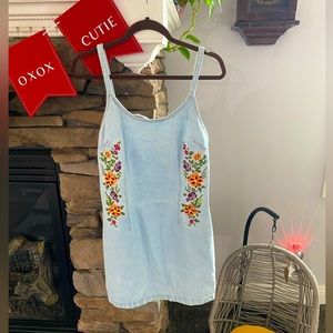 Junior Jean Dress with colorful flowers embroidered on each side